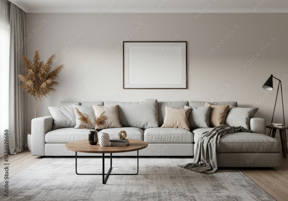Naklejka premium Interior of a living room with a large gray couch and a round coffee table in the center of the room