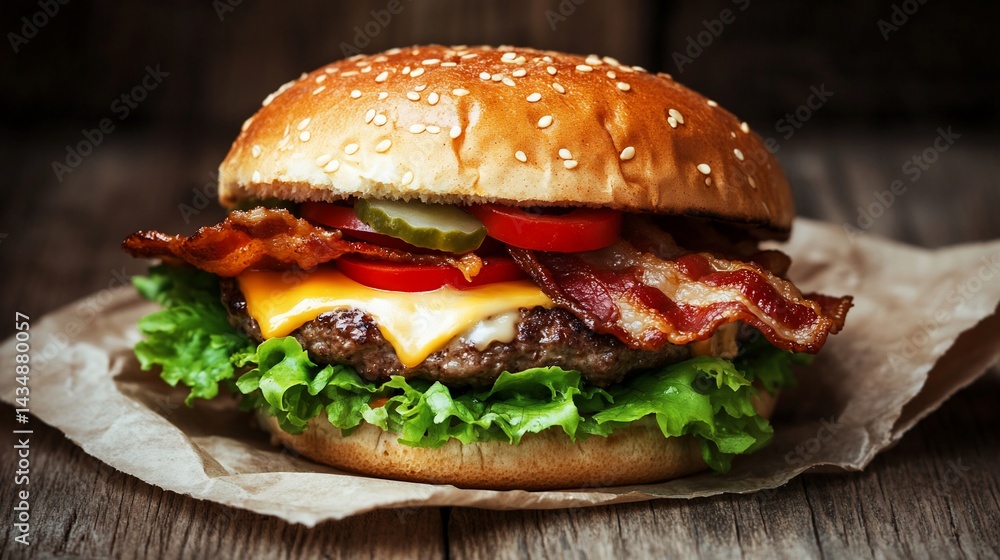 Delicious burger on rustic wooden table Delicious burger on rustic wooden table