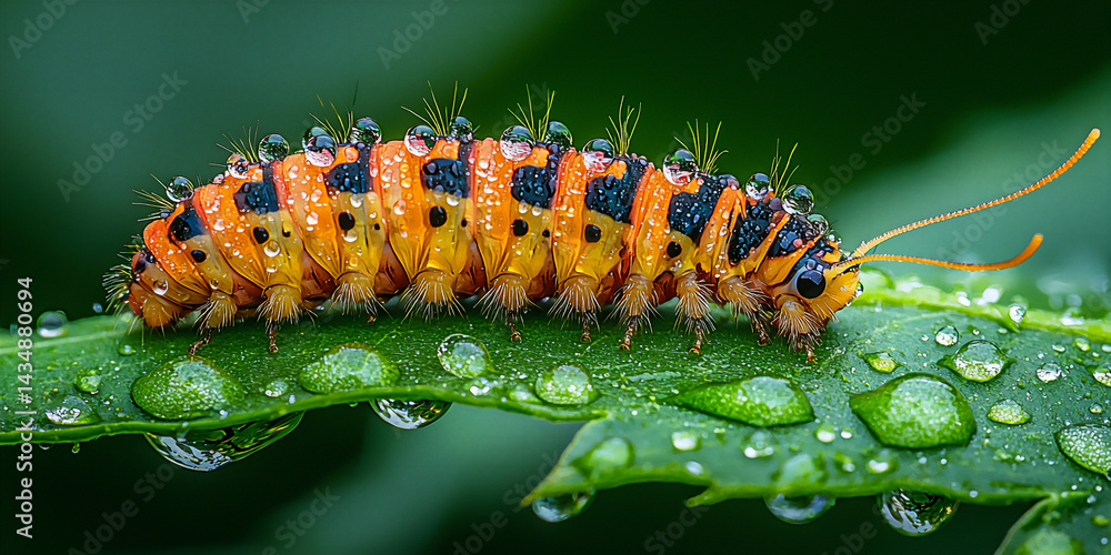 Naklejka premium happy caterpillar crawling on a bright green leaf with water droplets, cheerful expression