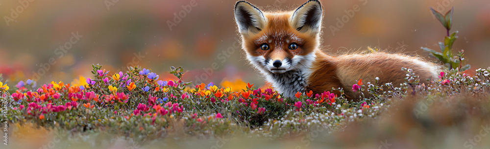 Fototapeta premium playful fox peeking out from a patch of colorful wildflowers, curious expression, meadow scene