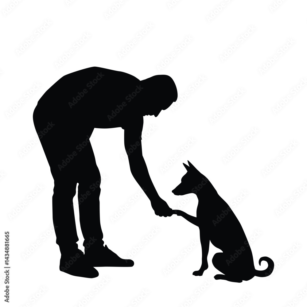 Silhouette of an interaction pose between a man and his dog Silhouette of an interaction pose between a man and his dog