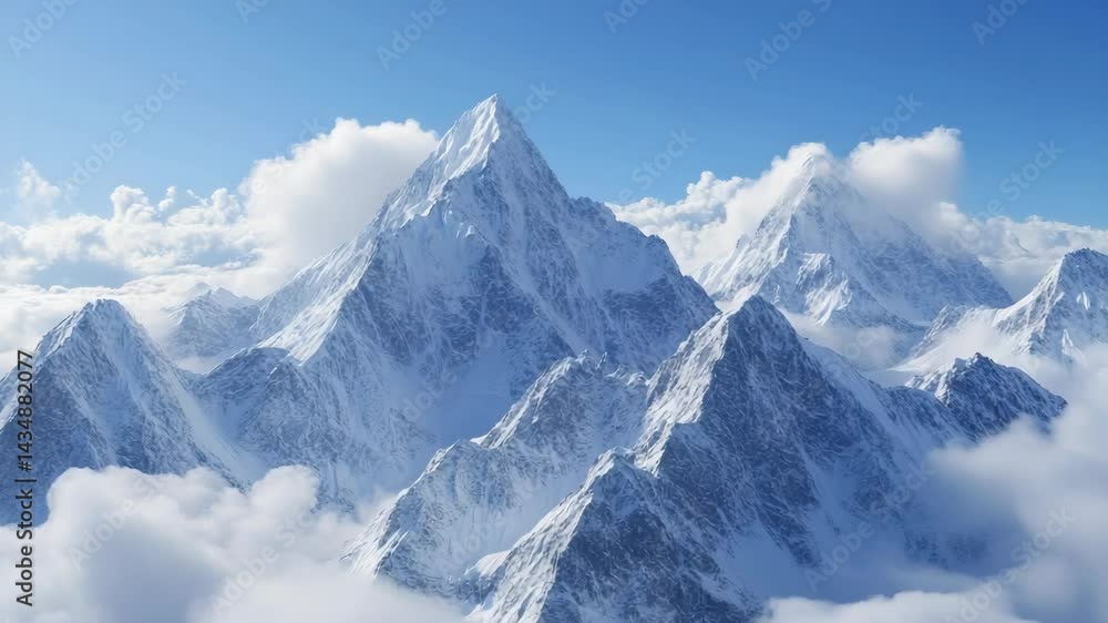 Stunning high angle aerial shot of rugged snow-capped mountain peaks rising above cloud formations under a clear blue sky landscape Stunning high angle aerial shot of rugged snow-capped mountain peaks rising above cloud formations under a clear blue sky landscape