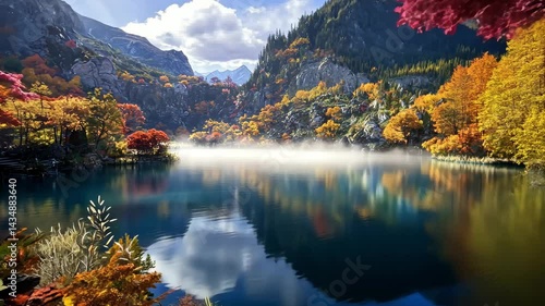 Serene autumn landscape with vibrant foliage reflecting on a tranquil lake surrounded by mountains