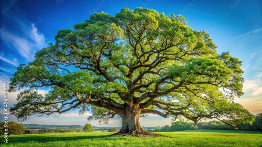 A majestic oak tree stands tall against a clear blue sky with lush green foliage and gnarled branches stretched outwards in all directions , wilderness, nature A majestic oak tree stands tall against a clear blue sky with lush green foliage and gnarled branches stretched outwards in all directions , wilderness, nature