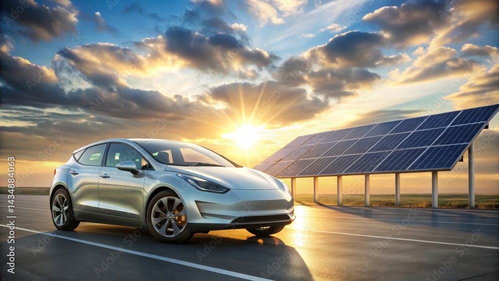 Naklejka premium A shiny electric car parked alongside a state-of-the-art solar panel array, emitting clean energy and promoting eco-friendly transportation solutions , clean energy, electric vehicle