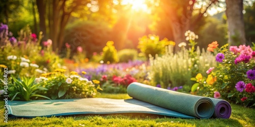 Fototapeta Naklejka Na Ścianę i Meble -  A serene yoga mat placed among vibrant flowers in a lush garden setting with soft greenery and warm sunlight filtering through the trees, serenity, garden