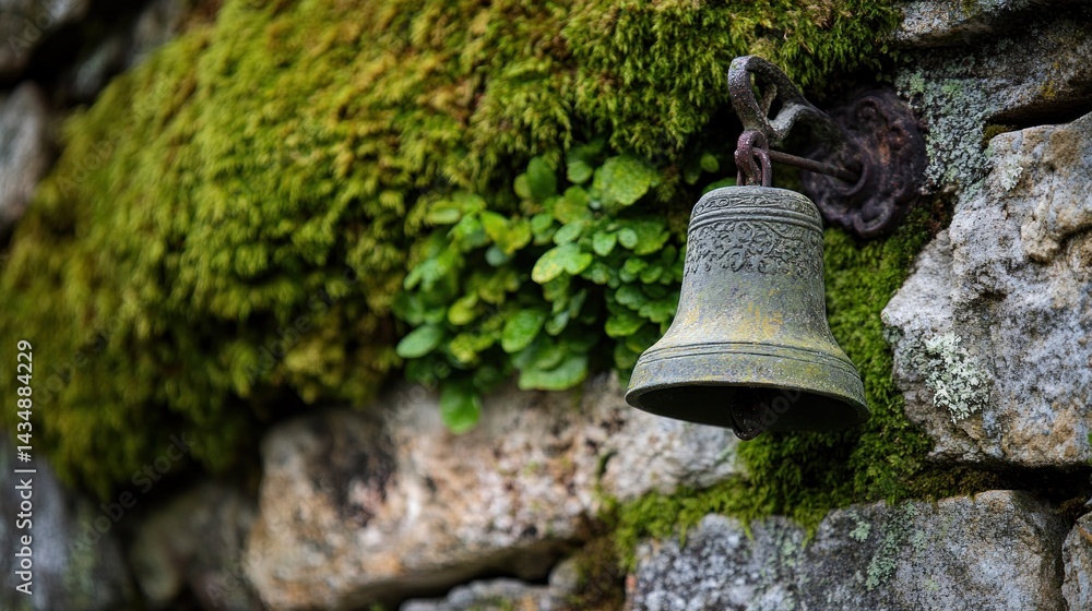 Obraz premium Mossy Stone Wall Bell, Rustic Charm