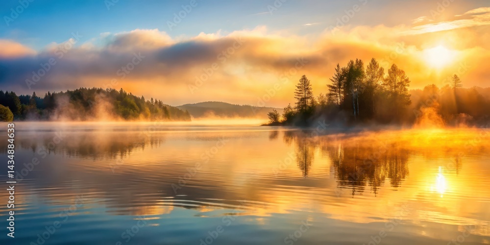 Obraz premium Softly glowing mist rises from the surface of a serene body of water, merging with the atmosphere as gentle waves caress the shore in an ethereal dance, dreamy, foggy
