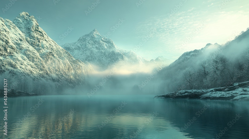 Obraz premium Misty mountain lake winter sunrise