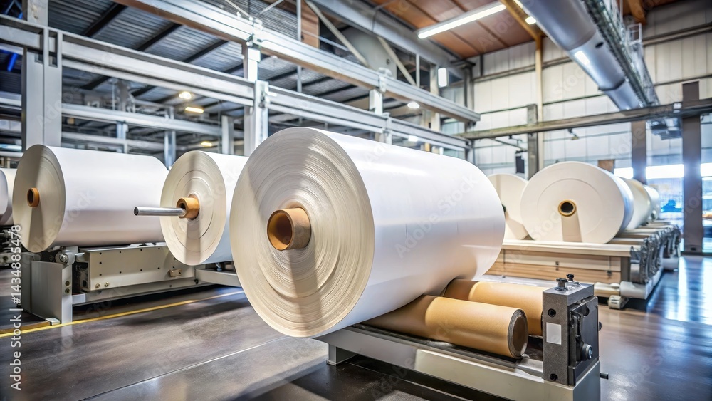 High-quality paper rolls being printed on a modern printing machine with a stack of finished rolls in the foreground and the large machine in the background , paper roll, paper production High-quality paper rolls being printed on a modern printing machine with a stack of finished rolls in the foreground and the large machine in the background , paper roll, paper production