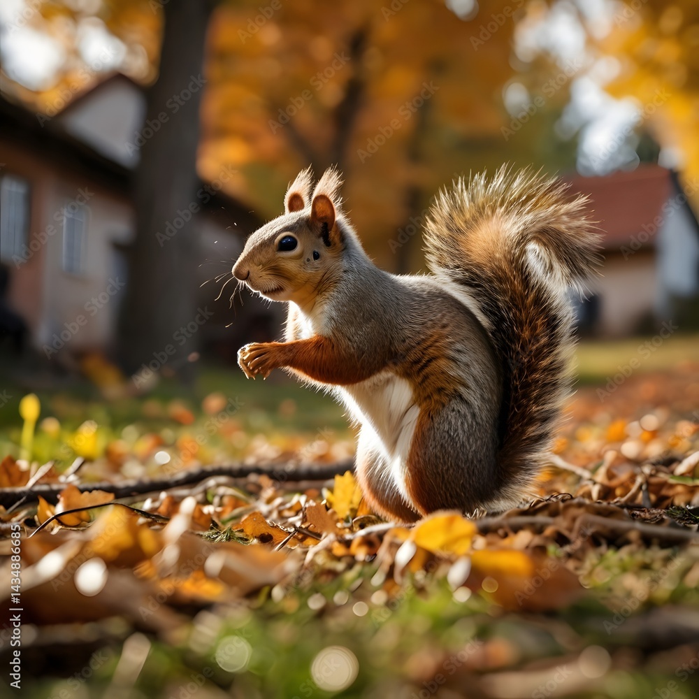 Potrait of little Squirrel standing in a land full of fallen leaf, with village background AI Generated Image Potrait of little Squirrel standing in a land full of fallen leaf, with village background AI Generated Image