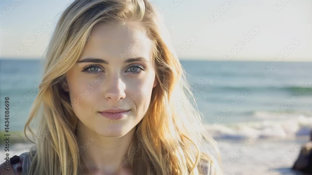 Close-up of young blonde woman with windblown hair, ocean waves crashing behind her. Close-up of young blonde woman with windblown hair, ocean waves crashing behind her.