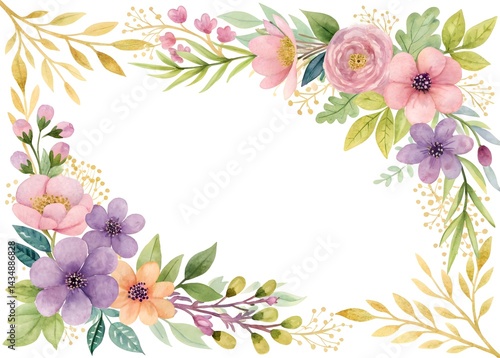 floral frame pink,purple greenery watercolor
