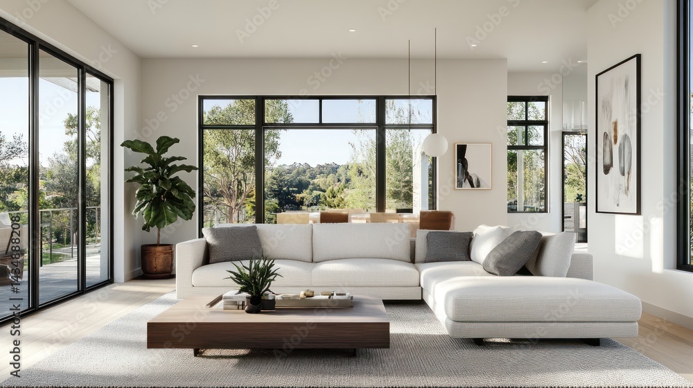 Fototapeta premium Modern living room, hillside view, sunlight, interior design