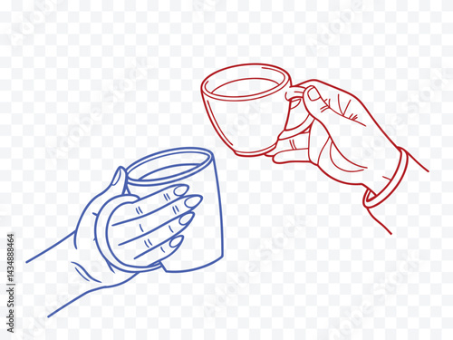 Outline drawing of two hands holding coffee cups in red and blue, minimalistic sketch style perfect for café branding, morning vibes concepts, friendship celebration, and lifestyle designs.