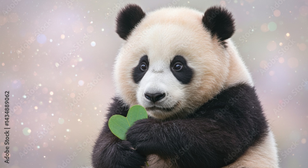 Naklejka premium Adorable panda cub holding a green heart-shaped leaf with a dreamy pastel background, cute and heartwarming moment