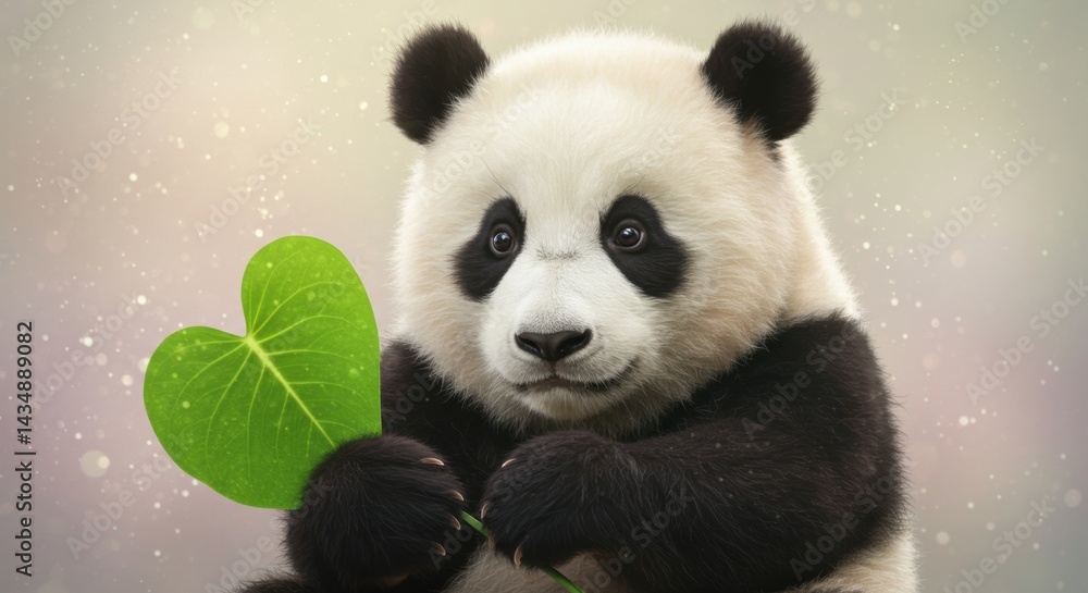 Naklejka premium Cute panda cub holding a green heart-shaped leaf against a sparkling dreamy background, heartwarming wildlife moment