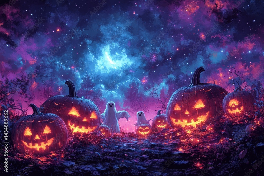 Fototapeta premium Spooky pumpkins, ghosts, night sky, Halloween