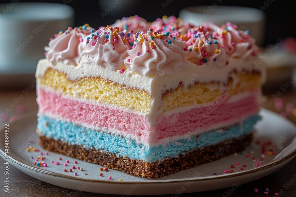 Rainbow layered cake dessert on plate Rainbow layered cake dessert on plate