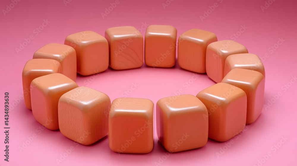 Fototapeta premium A circle of light peach colored wooden blocks arranged on a pink background Perfect for backgrounds and textures