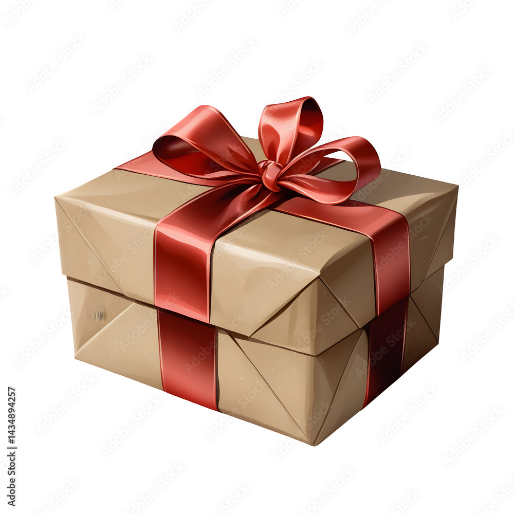 Obraz premium Gift box wrapped in kraft paper and tied with red satin ribbon,christmas,birthday,surprise,gift box,anniversary