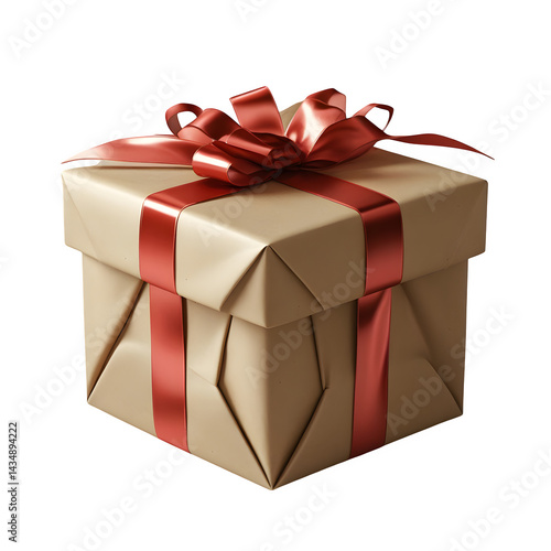 Gift box wrapped in kraft paper and tied with red satin ribbon,christmas,birthday,