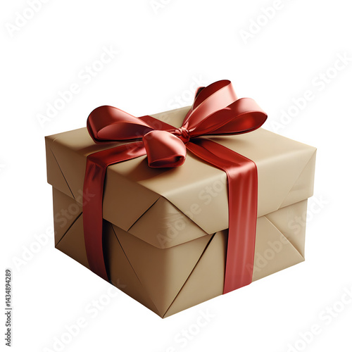 Gift box wrapped in kraft paper and tied with red satin ribbon,christmas,birthday,surprise,