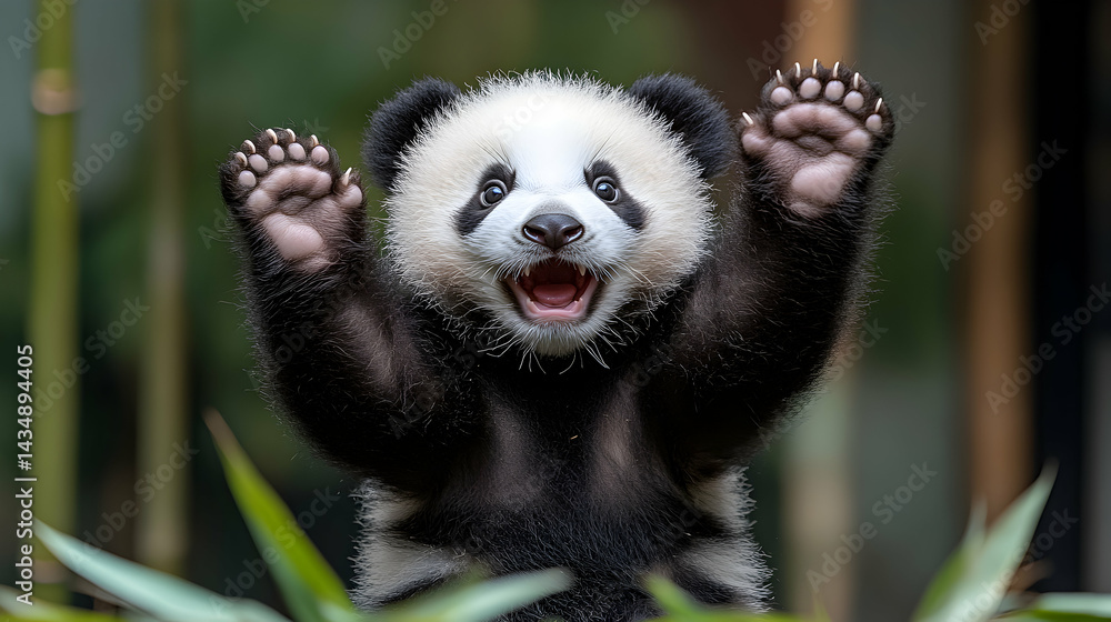 Obraz premium Adorable baby panda bear playfully raises its paws in a joyful expression, surrounded by lush green bamboo. Perfect for greeting cards, children's books, or websites.
