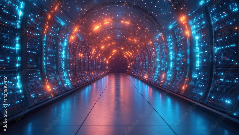 Obraz premium Futuristic tunnel illuminated with vibrant glowing lights.