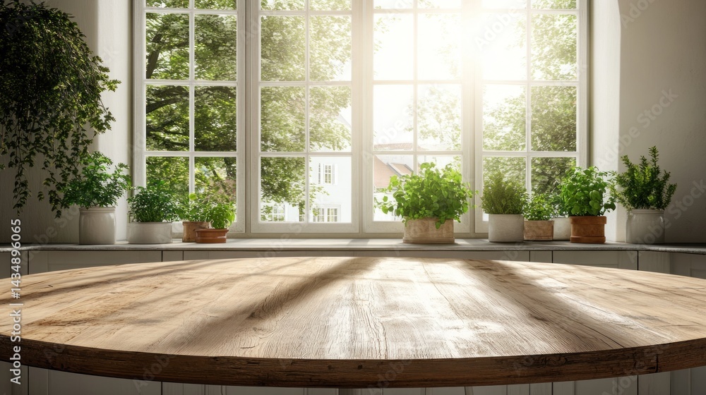 Fototapeta premium Sunny kitchen table, herbs, window, city view