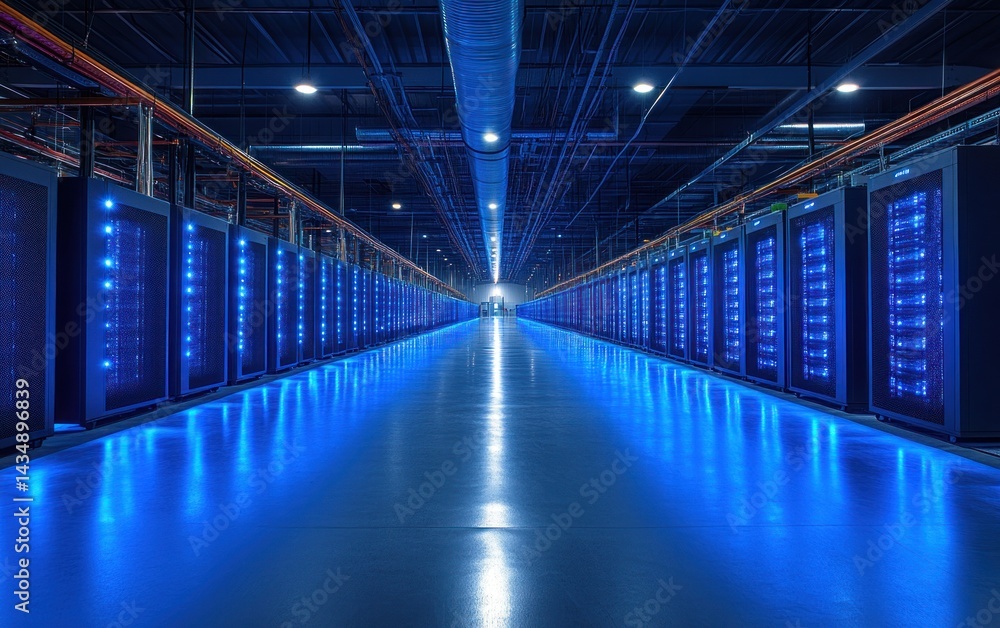 Fototapeta premium Vast server room interior illuminated by blue lights.