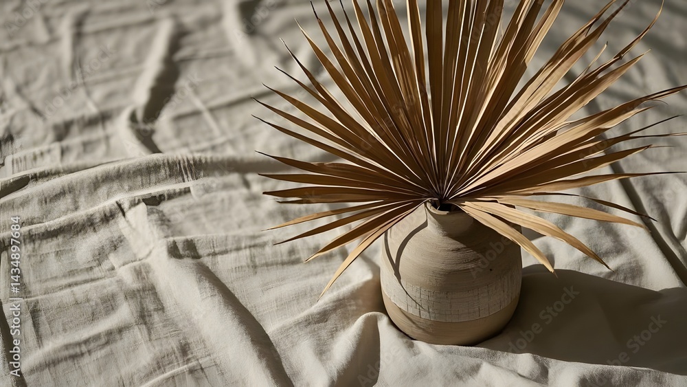 Obraz premium A trendy neutral-toned boho composition with dried palm leaves, a ceramic vase, and linen fabric.