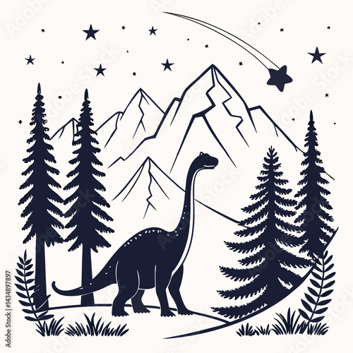 Majestic Dinosaur Silhouette in Starry Mountain Landscape