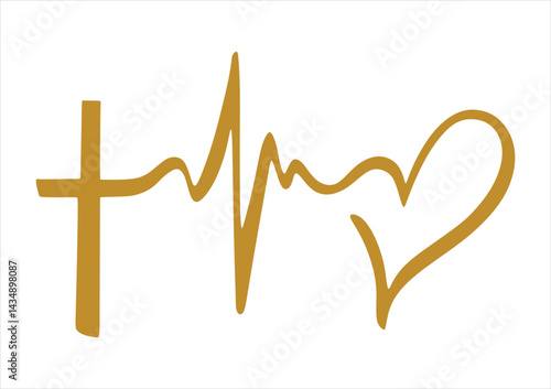 Vector illustration of a monochrome religious symbol in gold. Drawing with thick lines forming a cross, a pulse and a heart in a single line.