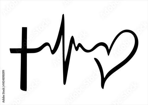 Vector illustration of black monochrome religious symbol. Drawing with thick lines forming a cross, a pulse and a heart in a single line.
