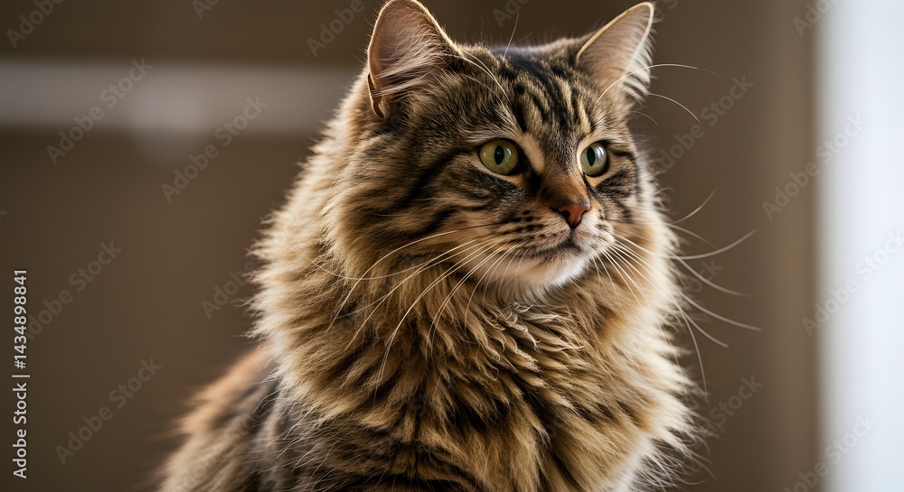 Fototapeta premium Realistic fluffy tabby cat sitting upright