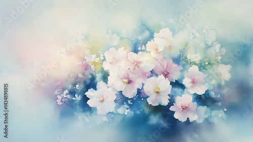 Watercolor Painting of Delicate Pastel Flowers in Soft Blue Background
