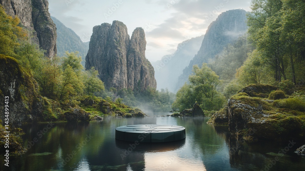 Serene mountain valley with tranquil lake and stage