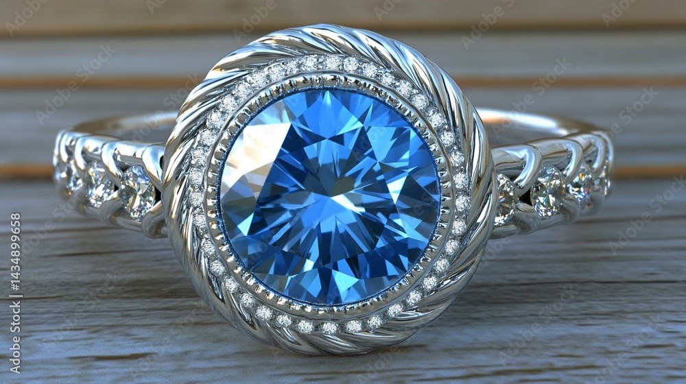 Stunning blue gemstone ring with intricate silver detailing, set on wood