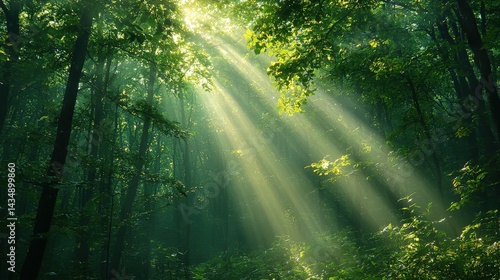 Sunlight beams through a dense forest canopy, illuminating the lush greenery.