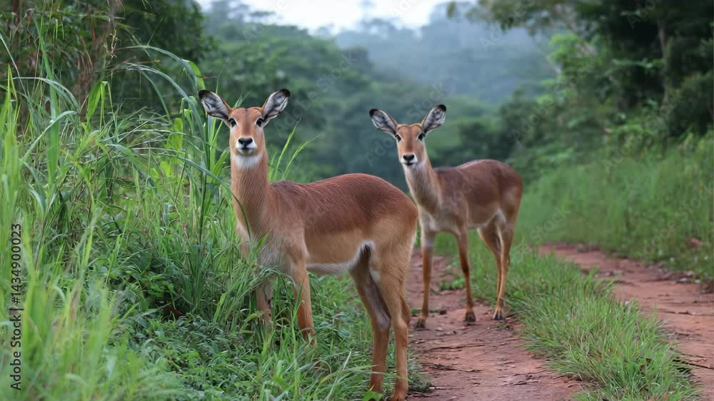 Two Impalas in natural habitat stand alert near a clearing surrounded by lush green tropical foliage, looking directly at camera with curiosity Two Impalas in natural habitat stand alert near a clearing surrounded by lush green tropical foliage, looking directly at camera with curiosity
