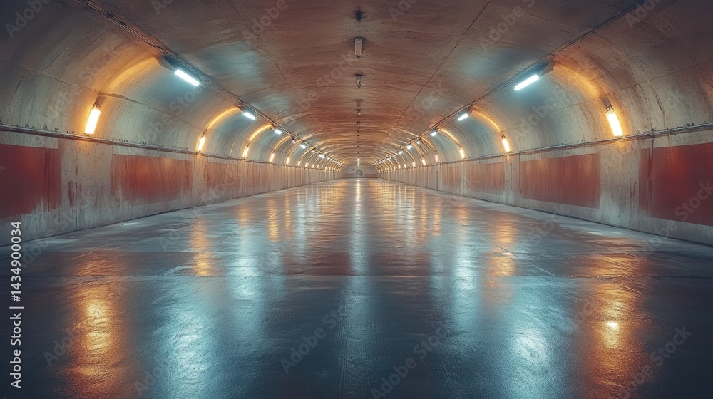 Fototapeta premium Empty, long tunnel's interior, brightly lit and reflecting.