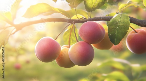 Plums on a branch bathed in golden sunlight.  Close-up of ripe fruit