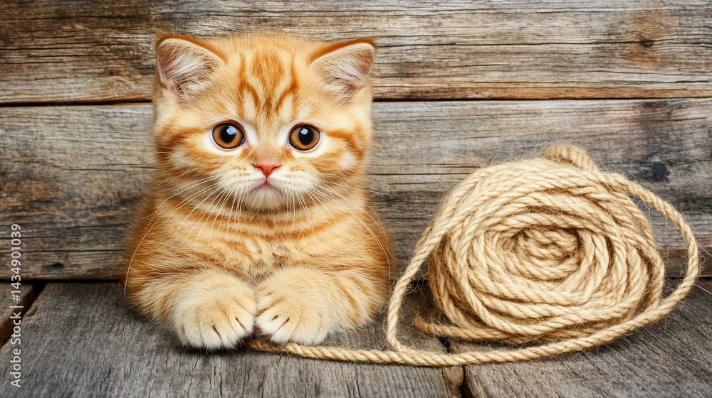 Adorable ginger kitten with ball of yarn
