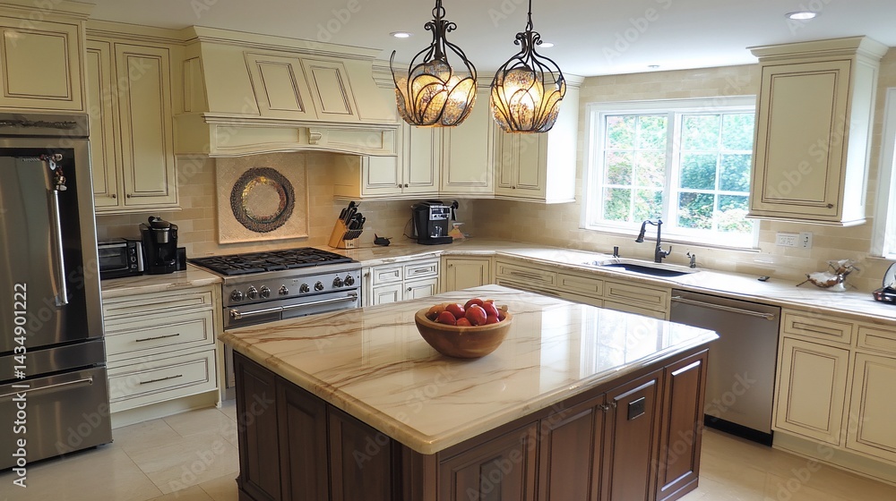 Elegant kitchen with island, stainless steel appliances, & warm lighting