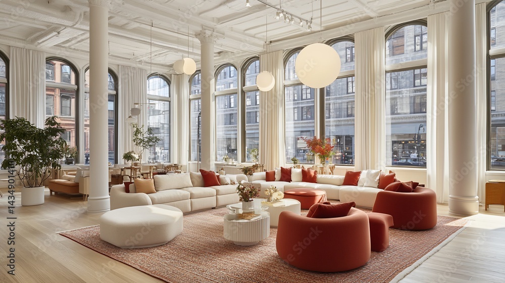Modern, spacious interior design featuring neutral tones and comfortable seating areas with large windows overlooking the city