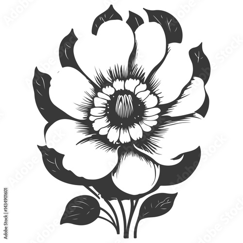 Monochrome blossom illustration with detailed stamen and stylized leaves design