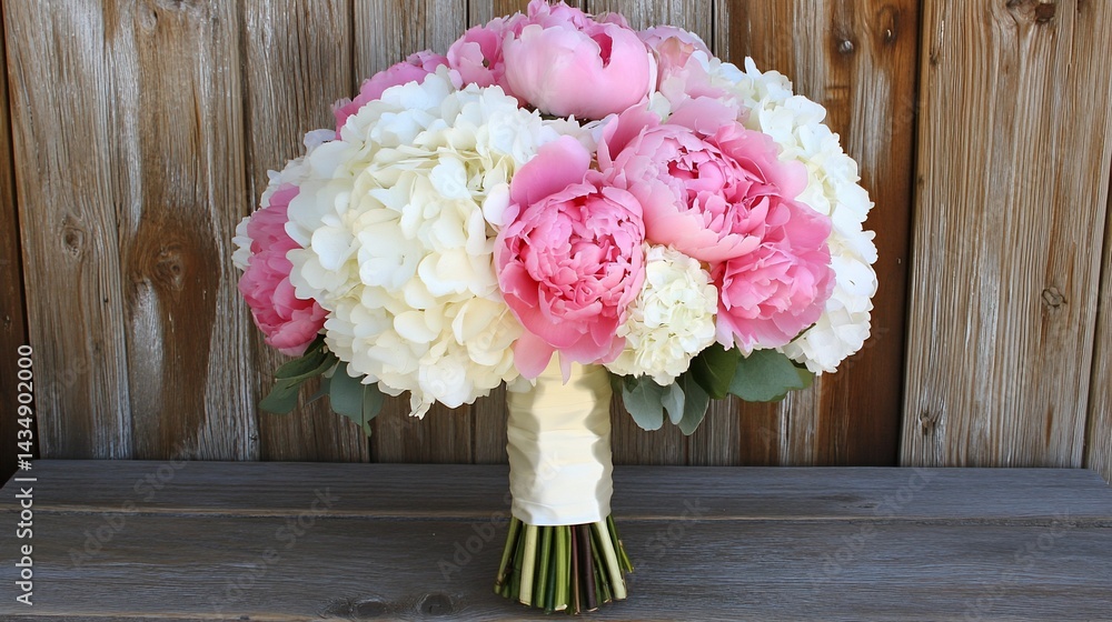 Elegant bridal bouquet of pink peonies and white hydrangeas