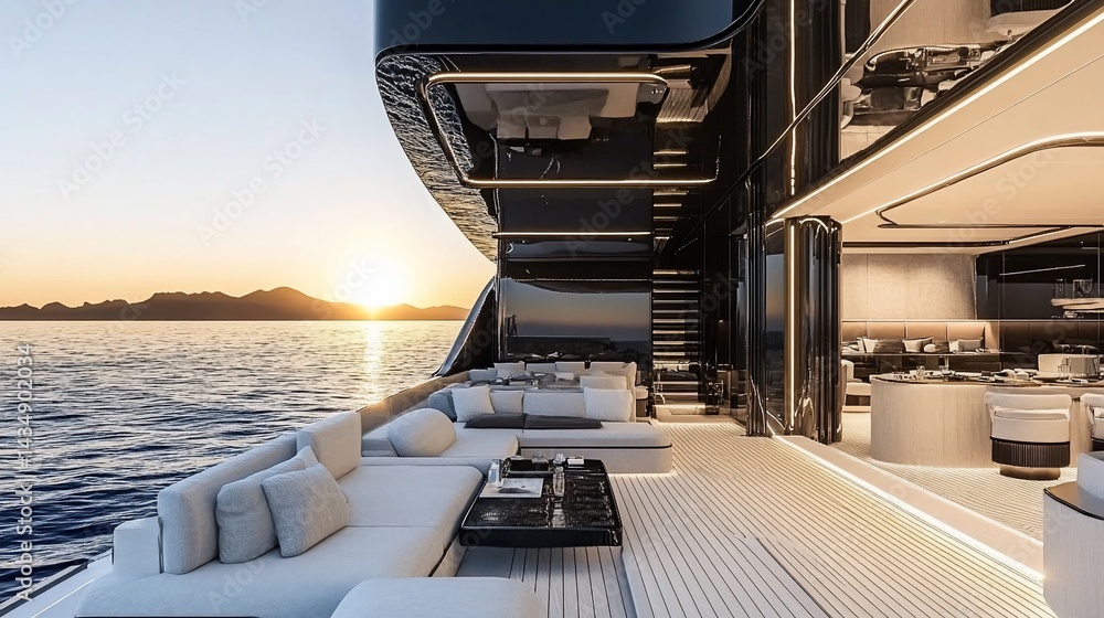 Luxury yacht's aft deck at sunset, showcasing sleek design, comfortable seating, and ocean views