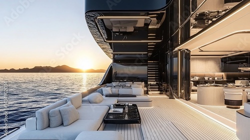 Luxury yacht's aft deck at sunset, showcasing sleek design, comfortable seating, and ocean views